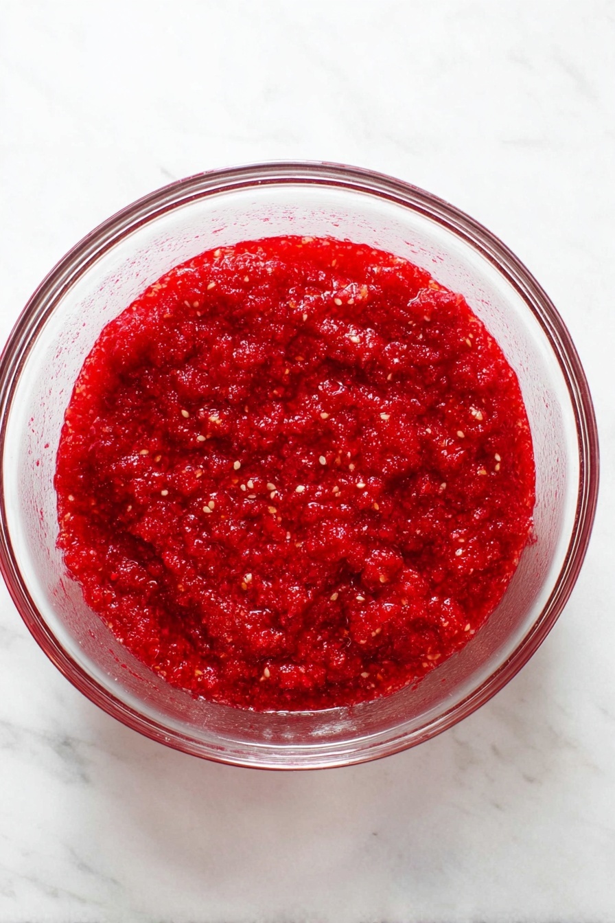 A white plate with ridged edges holds a mound of bright red chunky sauce with visible pieces of fruit spread evenly in the center. On top of the red layer is a smooth, white swirl of cream, and a small green mint leaf rests beside the cream. A silver spoon is placed to the right side of the plate, touching the sauce. In the background, a white bowl filled with red cherries is partially visible on a white marbled surface. A corner of a blue and white cloth napkin is also seen at the bottom edge. photo taken with an iphone --ar 2:3 --v 7