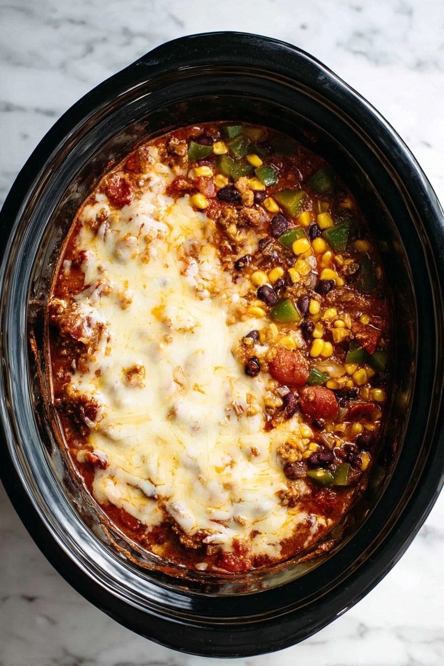 A black oval slow cooker filled with a layered baked dish. The bottom layer contains diced vegetables including green bell peppers, black beans, and corn mixed with chunks of tomato and ground meat. Over this, there is a thick layer of melted cheese, slightly browned at the edges with a creamy, stringy texture. The slow cooker sits on a white marbled surface. photo taken with an iphone --ar 2:3 --v 7