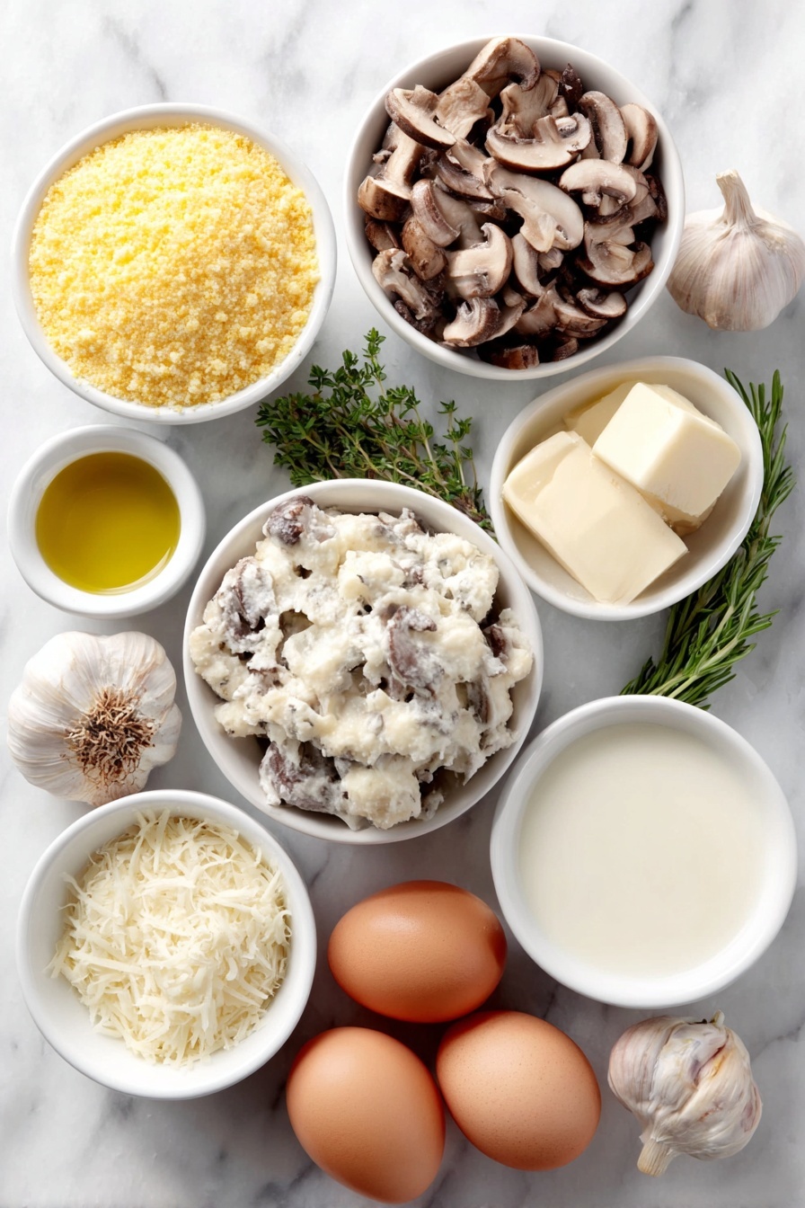 Flat lay of a small mound of yellow cornmeal, a small white bowl filled with golden chicken broth, a few tablespoons of butter in a white dish, a small white bowl holding finely grated Parmesan cheese, a small white bowl containing rich heavy cream, two whole brown eggs with clean shells, two tablespoons of glossy olive oil in a white bowl, a cluster of fresh mixed mushrooms including cremini, shiitake, and oyster varieties sliced, two cloves of unpeeled garlic, a small pile of fresh thyme leaves, a small bunch of bright green chopped parsley, all arranged symmetrically and naturally on a clean white ceramic surface placed on a clean white marble surface, soft natural light, photo taken with an iPhone, professional food photography style, fresh ingredients, white ceramic bowls, no bottles, no duplicates, no utensils, no packaging --ar 2:3 --v 7 --p m7354615311229779997