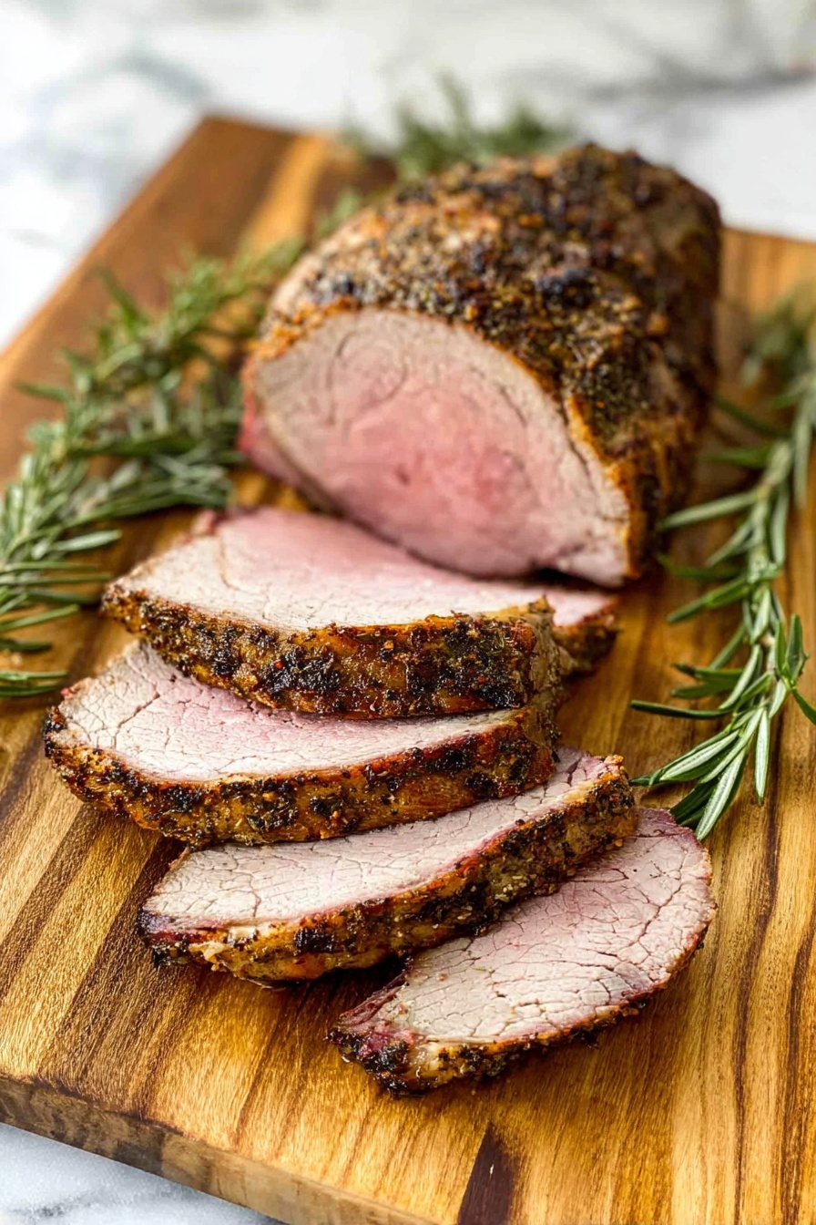 The image shows a piece of cooked meat on a wooden cutting board with several thick slices cut from it. The meat has a browned, herb-covered crust on the outside with a pink, tender inside. Four slices lie in front of the main piece, showing a gradient from crusty dark brown edges to light pink centers. There are green sprigs of rosemary placed on and around the board. The cutting board has a natural wood grain texture, and the background is a white marbled surface. photo taken with an iphone --ar 2:3 --v 7