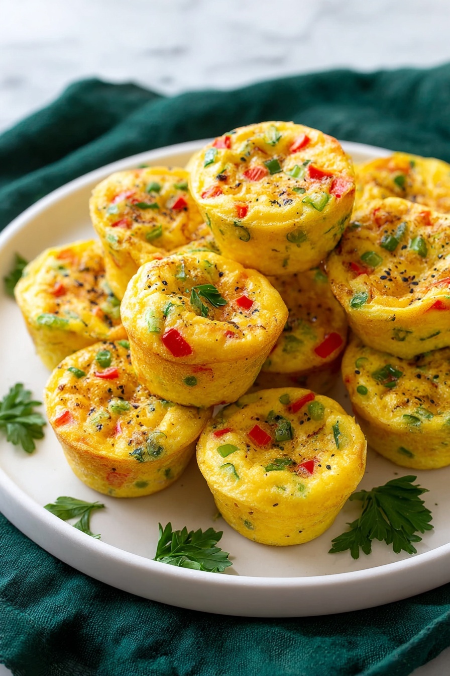 A white round plate holds a stack of small egg muffins, about twelve in total, arranged in a casual pile. Each muffin is a single layer of soft, yellow baked egg mixed with visible bits of red bell pepper, green herbs, and small chunks of light green spring onions, giving them a speckled, colorful look. The muffins have a smooth, slightly shiny surface, with some herbs and vegetables lightly embedded inside. Around the edge of the plate are a few sprigs of fresh parsley. The plate sits on a white marbled surface with a dark green cloth partially underneath it. Photo taken with an iphone --ar 2:3 --v 7