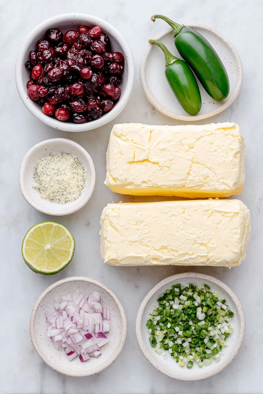 Flat lay of two blocks of fresh dairy-free cream cheese, two whole bright green jalapeños, a small pile of finely diced red onion, a small white ceramic bowl with coarse garlic powder, a halved lime with juice visible, a small mound of finely chopped green onions with a few longer sprigs for garnish, a small white ceramic bowl filled with whole cranberry sauce berries, all arranged in perfect symmetry on a clean white marble surface, soft natural light, photo taken with an iPhone, professional food photography style, fresh ingredients, white ceramic bowls, no bottles, no duplicates, no utensils, no packaging --ar 2:3 --v 7 --p m7354615311229779997