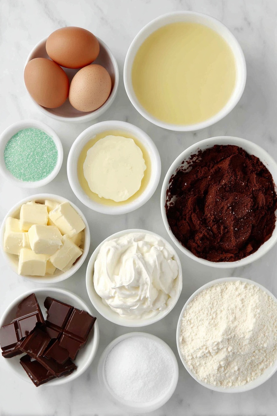 Flat lay of a small white ceramic bowl of yellow cake mix powder, three whole brown eggs with clean shells, a small white ceramic bowl of whole milk, a small white ceramic bowl with melted butter, a small white ceramic bowl of fluffy marshmallow fluff, a small white ceramic bowl of softened butter, a small white ceramic bowl filled with powdered sugar, a small white ceramic bowl with green sanding sugar crystals, a small white ceramic bowl containing smooth white almond bark, a small white ceramic bowl with smooth red candy melts, all arranged in perfect symmetry, ingredients fresh and natural, placed on a clean white marble surface, soft natural light, photo taken with an iPhone, professional food photography style, fresh ingredients, white ceramic bowls, no bottles, no duplicates, no utensils, no packaging --ar 2:3 --v 7 --p m7354615311229779997