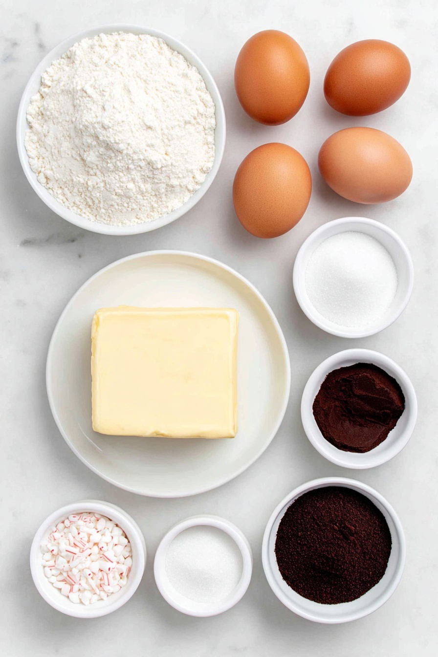 Flat lay of a half cup of unsalted butter in a simple white ceramic bowl, two whole large brown eggs with clean shells, a small white bowl of granulated sugar, a small white bowl holding pure vanilla extract, a small white bowl with peppermint extract, a small white bowl filled with all-purpose flour, a small white bowl with Dutch-processed cocoa powder, a small white bowl containing baking powder, a small white bowl of fine salt, a small white bowl with espresso powder, a small white bowl of finely chopped bittersweet chocolate, and a small white bowl of crushed candy canes, all arranged with perfect symmetry and balanced proportions, placed on a clean white marble surface, soft natural light, photo taken with an iPhone, professional food photography style, fresh ingredients, white ceramic bowls, no bottles, no duplicates, no utensils, no packaging --ar 2:3 --v 7 --p m7354615311229779997