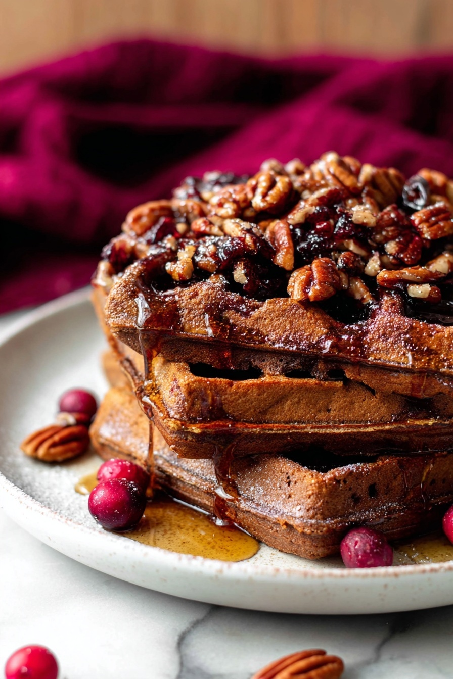 A stack of three dark brown waffles sits on a white plate, each waffle showing a slightly crisp texture. The top waffle is covered with glossy pecans, glistening with syrup that drips down the sides of the stack. Around the plate, there are a few sugared red cranberries and extra pecans. The background is a soft blur with a hint of a dark red cloth, and the surface underneath the plate is a white marbled texture. photo taken with an iphone --ar 2:3 --v 7