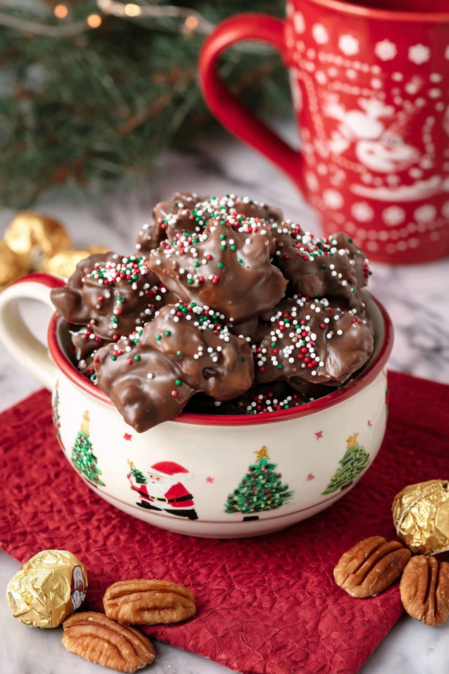 A white bowl decorated with small Christmas trees and Santa Claus holds a pile of irregularly shaped chocolate clusters covered in milk chocolate. Each cluster is topped with red, white, and green round sprinkles. The bowl sits on a red cloth with subtle patterns. Around the bowl, there are whole pecans and small, gold-wrapped chocolates scattered on a white marbled surface. In the background, there is a large red mug with white festive patterns, partially out of focus. Photo taken with an iphone --ar 2:3 --v 7