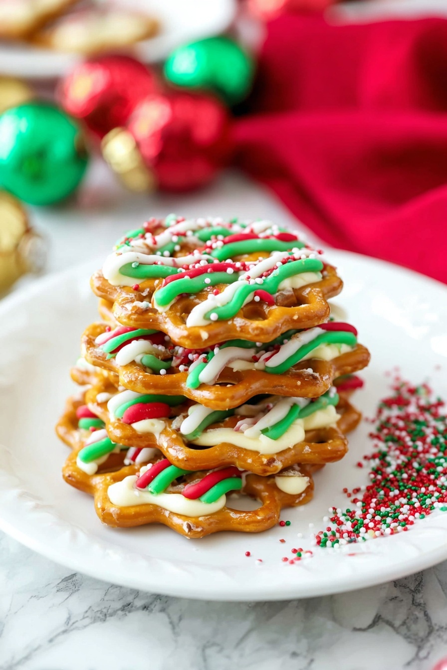 A small stack of round, golden-brown pretzels layered with a creamy filling on a white plate with a few red and green sprinkles on the side; each pretzel treat is decorated with three wavy lines of icing in green, white, and red colors, topped with small round sprinkles in matching colors, creating a festive look. The plate sits on a white marbled surface with a blurred red cloth and colorful Christmas ornaments in the background. photo taken with an iphone --ar 2:3 --v 7