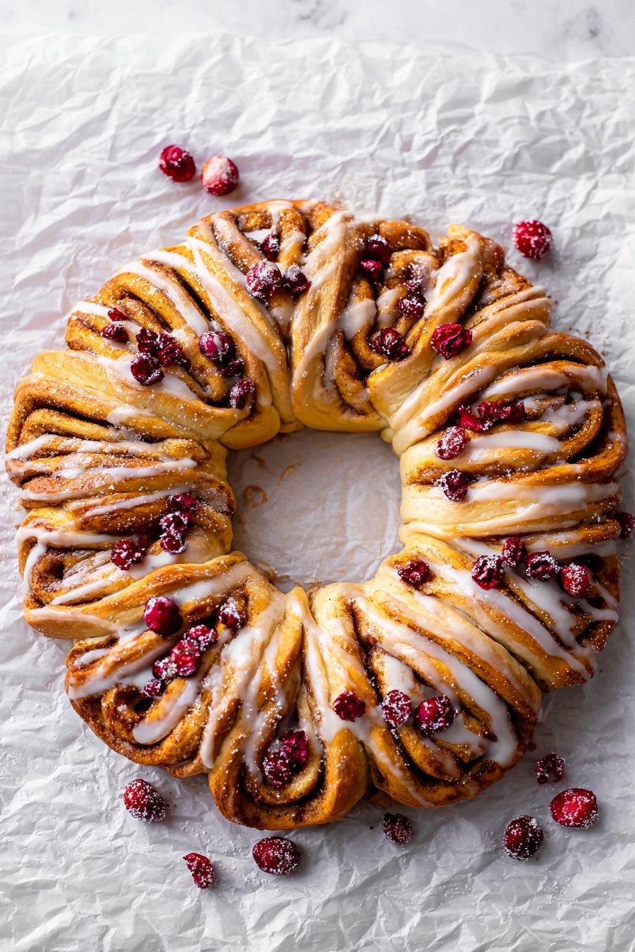 A round cinnamon roll wreath made of twisted, golden-brown dough pieces with visible layers of cinnamon filling spiraled inside each segment, arranged in a circular ring with a hollow center. The top is drizzled evenly with white glaze that pools slightly under the wreath, and scattered red cranberries add contrast across the surface. The wreath sits on crumpled white parchment paper placed on a white marbled surface. photo taken with an iphone --ar 2:3 --v 7