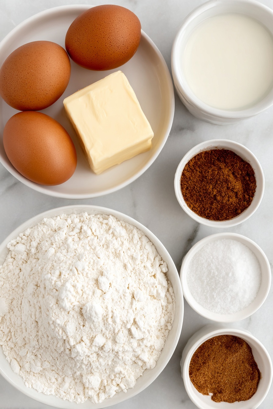 Flat lay of three whole brown eggs with clean shells, a small square slab of melted butter on a white ceramic plate, a small mound of all-purpose flour on a white ceramic plate, a small white bowl with fine baking powder powder, a small white bowl holding lukewarm milk, a small white bowl with ground cinnamon powder, a small white bowl with ground ginger powder, a small white bowl with ground nutmeg powder, all arranged in perfect symmetry and balanced proportions on a clean white marble surface, soft natural light, photo taken with an iPhone, professional food photography style, fresh ingredients, white ceramic bowls, no bottles, no duplicates, no utensils, no packaging --ar 2:3 --v 7 --p m7354615311229779997