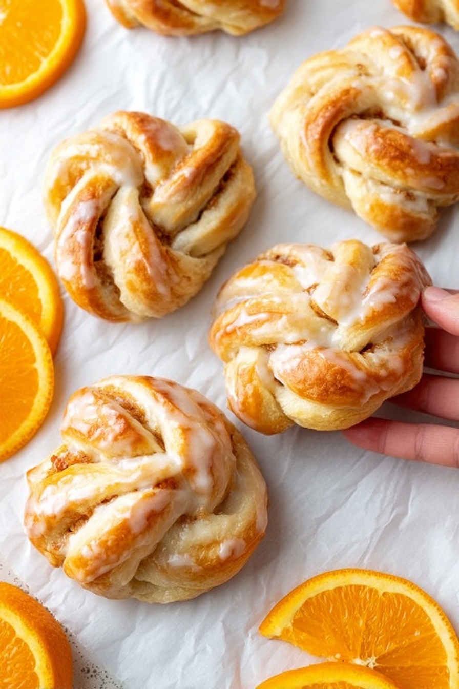 The image shows several small, twisted pastries with a light golden-brown crust and a shiny white glaze on top. Each pastry looks soft and layered, with some areas showing slightly darker spots from baking. The pastries are placed on white parchment paper over a white marbled surface. Around the pastries, there are bright orange fruit slices and wedges adding a fresh and colorful contrast. One pastry is gently held by a woman's hand on the side of the image. photo taken with an iphone --ar 2:3 --v 7