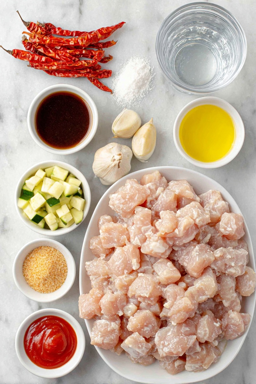 Flat lay of two pounds of raw bite-sized chicken pieces, a small mound of fine white cornstarch, two tablespoons of golden cooking oil in a small white bowl, eight slender dried red chilies sliced lengthwise, one bright red bell pepper cut into cubes, one green zucchini cut into cubes, a small white bowl with clear water, a small white bowl filled with dark lite soy sauce, a small white bowl of amber apple cider vinegar, a small white bowl of light brown granulated sugar, a small white bowl with glossy red ketchup, four whole unpeeled garlic cloves, a small heap of ground pale yellow ginger powder, and a handful of raw unshelled peanuts—all arranged symmetrically with perfect balance and fresh natural colors, placed on a clean white marble surface, soft natural light, photo taken with an iPhone, professional food photography style, fresh ingredients, white ceramic bowls, no bottles, no duplicates, no utensils, no packaging --ar 2:3 --v 7 --p m7354615311229779997