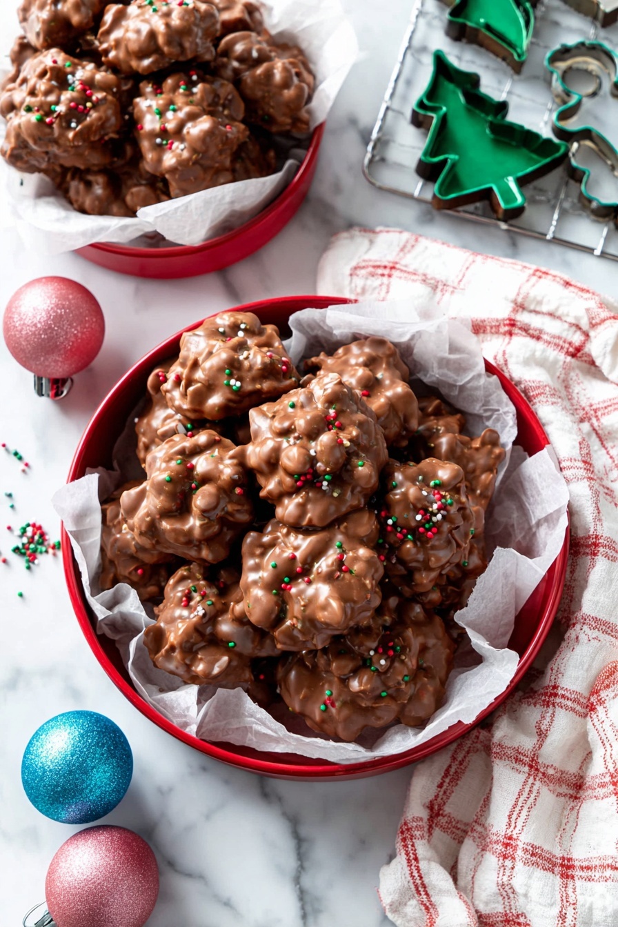 A round red container lined with white paper holds many brown chocolate clusters that are lumpy and shiny, with some topped with small red and green sprinkles. Nearby on a white marbled surface, there is another container full of similar chocolate clusters but without sprinkles. Two blue and pink round ornaments lie on the surface in front of the containers, while to the right side, a white towel with a red grid pattern holds two more chocolate clusters. In the top right, there are green metal cookie cutters shaped like a Christmas tree and a gingerbread person. The whole scene is bright and festive. photo taken with an iphone --ar 2:3 --v 7