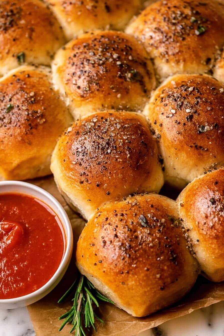 A close-up view of 15 shiny golden brown bread rolls clustered together on brown parchment paper, each roll topped with specks of black pepper and herbs, showing a soft and slightly textured surface. To the lower right edge, a small white bowl filled with smooth bright red dipping sauce adds color contrast. A sprig of green rosemary lies near the bowl on the white marbled surface. photo taken with an iphone --ar 2:3 --v 7