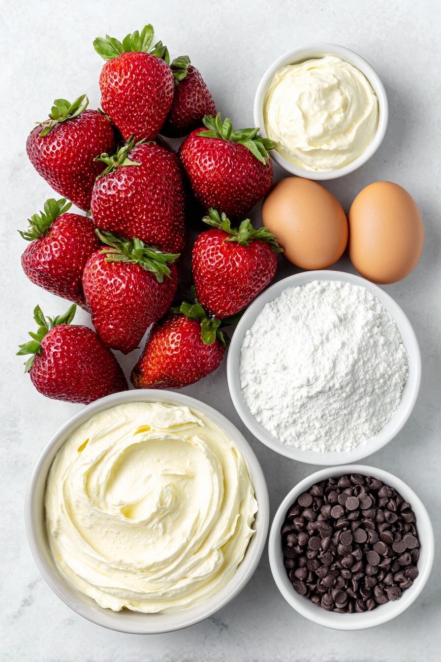 Flat lay of a dozen fresh bright red strawberries with green leafy tops, a small white ceramic bowl of softened cream cheese, a small white bowl filled with fine powdered sugar, another small white bowl containing thick heavy cream, a few whole brown eggs with clean shells, and a handful of tiny glossy dark mini chocolate chips scattered carefully on the white ceramic surface, all perfectly arranged in balanced symmetry, placed on a clean white marble surface, soft natural light, photo taken with an iPhone, professional food photography style, fresh ingredients, white ceramic bowls, no bottles, no duplicates, no utensils, no packaging --ar 2:3 --v 7 --p m7354615311229779997