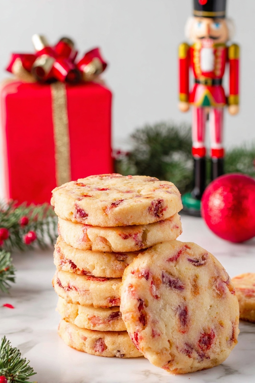 A stack of six round cookies sits in the center, each cookie light golden with visible red cherry pieces scattered throughout, showing a slightly rough but soft texture. The cookies are stacked unevenly, creating a casual, homemade feel. Behind the stack, there is a small red gift box with a gold top and red bow, a red and gold nutcracker figure standing tall, and a red Christmas ornament ball to the right. The background and surface are a clean white marbled texture with some green pine branches and small red accents. The overall scene has a festive holiday vibe, focused on the warm colors of the cookies and decorations. photo taken with an iphone --ar 2:3 --v 7
