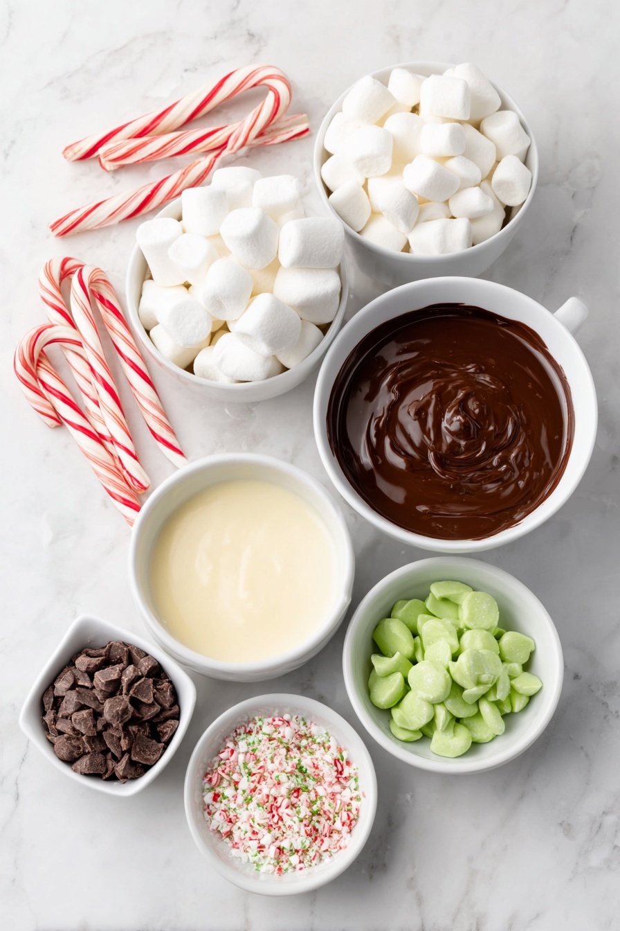 Flat lay of six red and white striped candy canes, eighteen large white marshmallows, a small white ceramic bowl filled with rich melted dark chocolate, a small white ceramic bowl of smooth white melting chocolate, a small white ceramic bowl with vibrant green candy melts, a small white ceramic bowl containing bright red candy melts, a small white ceramic bowl holding crushed candy cane pieces, a small white ceramic bowl scattered with multicolored holiday sprinkles, arranged symmetrically and naturally on a clean white marble surface, soft natural light, photo taken with an iPhone, professional food photography style, fresh ingredients, white ceramic bowls, no bottles, no duplicates, no utensils, no packaging --ar 2:3 --v 7 --p m7354615311229779997