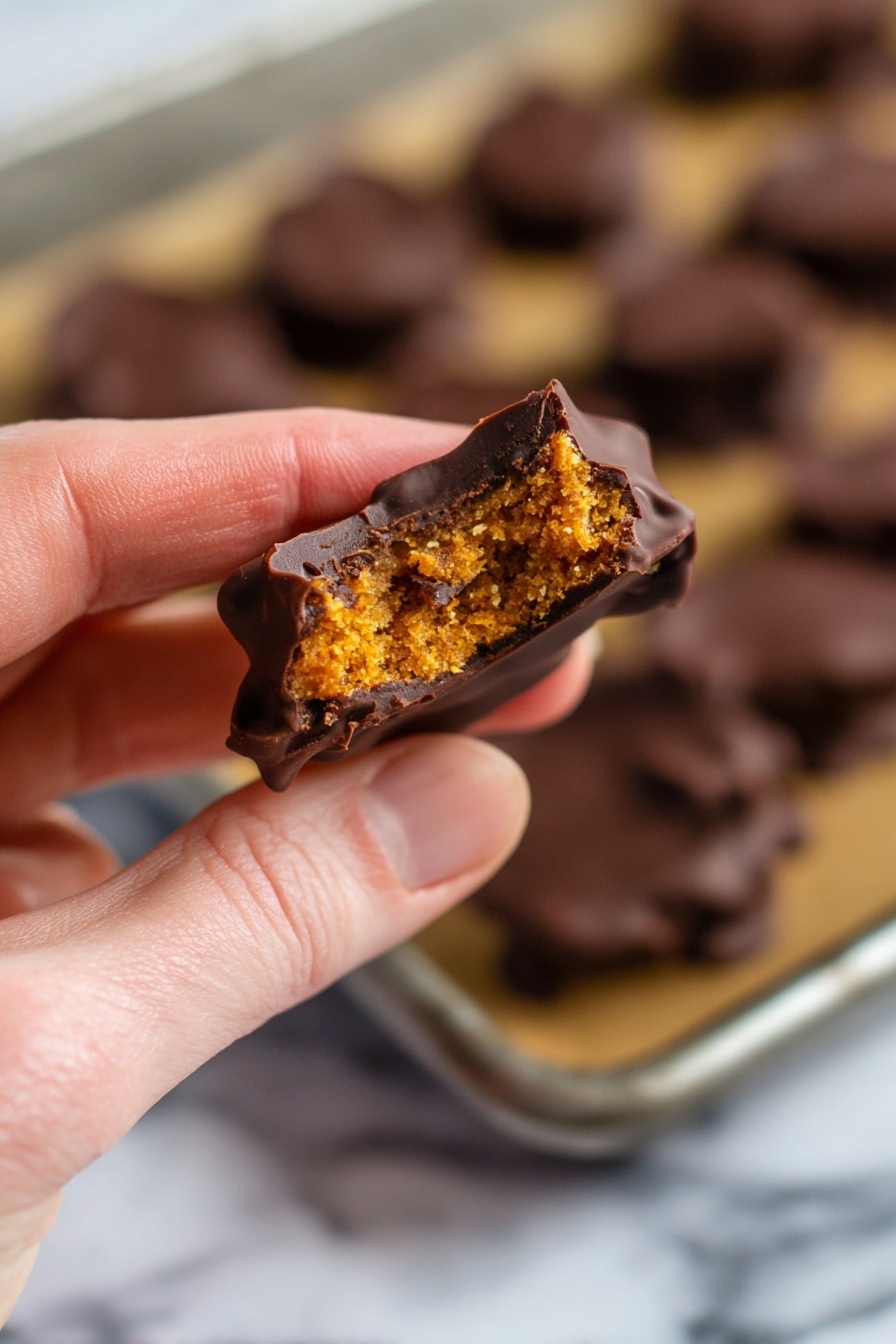 A close-up view of a small chocolate-covered treat held between a woman's thumb and forefinger. The treat has two layers: a thick dark brown chocolate outer layer with a rough texture and a golden yellow crumbly inner layer that looks soft and moist. In the background, there are more similar treats on a baking tray with parchment paper, all blurred out. The surface beneath is a white marbled texture. Photo taken with an iphone --ar 2:3 --v 7