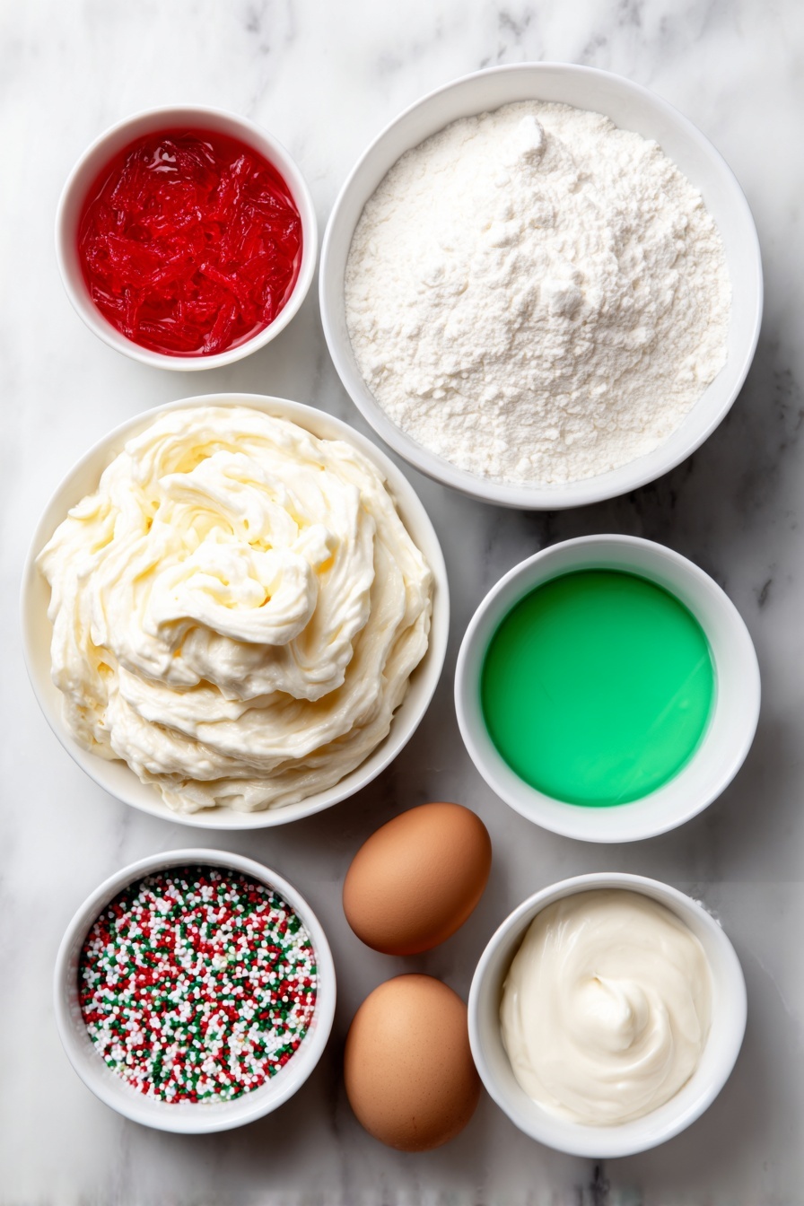 Flat lay of a small white ceramic bowl of fine white cake mix powder, two whole brown eggs with clean shells, a small white bowl filled with bright red strawberry gelatin powder, another small white bowl with vivid green lime gelatin powder, a white ceramic cup of steaming clear boiling water, a small white bowl of smooth vanilla pudding powder, a simple white ceramic cup of fresh whole milk, a white ceramic bowl with fluffy frozen whipped topping, and a scattering of glossy red and green sprinkles artfully arranged nearby, all placed on a clean white marble surface, soft natural light, photo taken with an iPhone, professional food photography style, fresh ingredients, white ceramic bowls, no bottles, no duplicates, no utensils, no packaging --ar 2:3 --v 7 --p m7354615311229779997