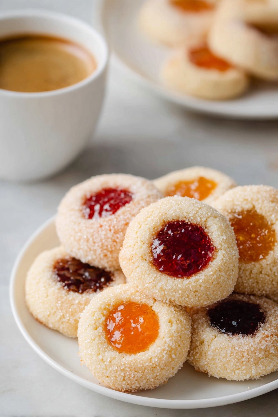 A white plate holds a pile of round thumbprint cookies, each with a sugar-coated pale beige dough base. In the center of each cookie is a bright, glossy jam filling, with some cookies showing deep red jam and others a bright orange jam. The texture of the dough looks soft and slightly crumbly with a sugar grain coating. The plate sits on a white marbled surface. In the background, there is a white cup of espresso with a light brown foam on top and part of another white plate with more cookies slightly blurred. photo taken with an iphone --ar 2:3 --v 7