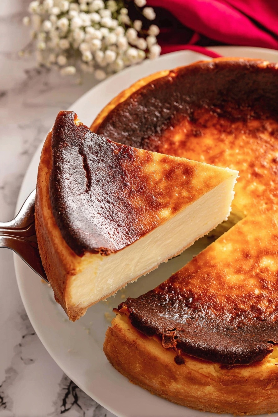A round cheesecake with a golden brown top, showing darker, almost burnt edges around the outer rim. The cheesecake is thick with a smooth, creamy texture, and a single slice has been lifted slightly by a silver spatula, showing the even color throughout. The cheesecake sits on a white plate placed on a white marbled surface, with a blurred red cloth and small white flowers in the background. Photo taken with an iphone --ar 2:3 --v 7