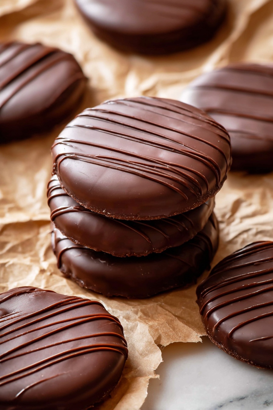 The image shows a close-up view of several dark brown round chocolate-covered cookies arranged on crinkled light brown parchment paper. One stack of three cookies is in the center, with smooth, shiny chocolate coating and thin drizzles of darker chocolate lines on top. Other single cookies are scattered around the stack, all having the same glossy chocolate finish and drizzle pattern. The texture of the chocolate is firm and rich, and the background surface is white marbled texture. photo taken with an iphone --ar 2:3 --v 7