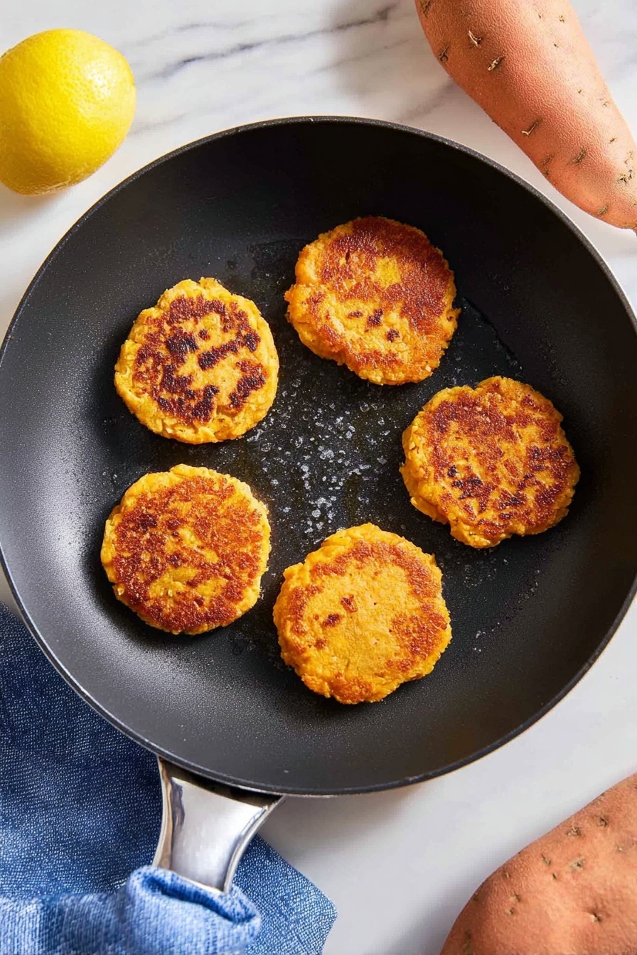 A black frying pan holds five small golden brown round patties with some darker browned spots on top, showing a cooked and slightly crisp texture. The patties are evenly spaced, and the pan sits on a white marbled surface. To the right of the pan, two whole orange sweet potatoes rest on the surface, and on the left side, there is a yellow lemon placed next to a folded blue cloth. Photo taken with an iphone --ar 2:3 --v 7
