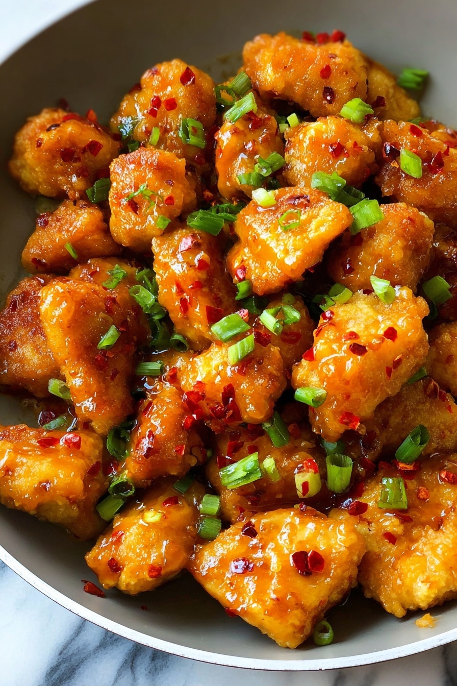 Chunks of golden-brown fried chicken pieces are covered in a shiny orange sauce with red chili flakes. The chicken pieces are scattered close together in a white pan. On top, fresh green chopped scallions add a pop of color and fresh texture. The scene is set against a white marbled background. photo taken with an iphone --ar 2:3 --v 7