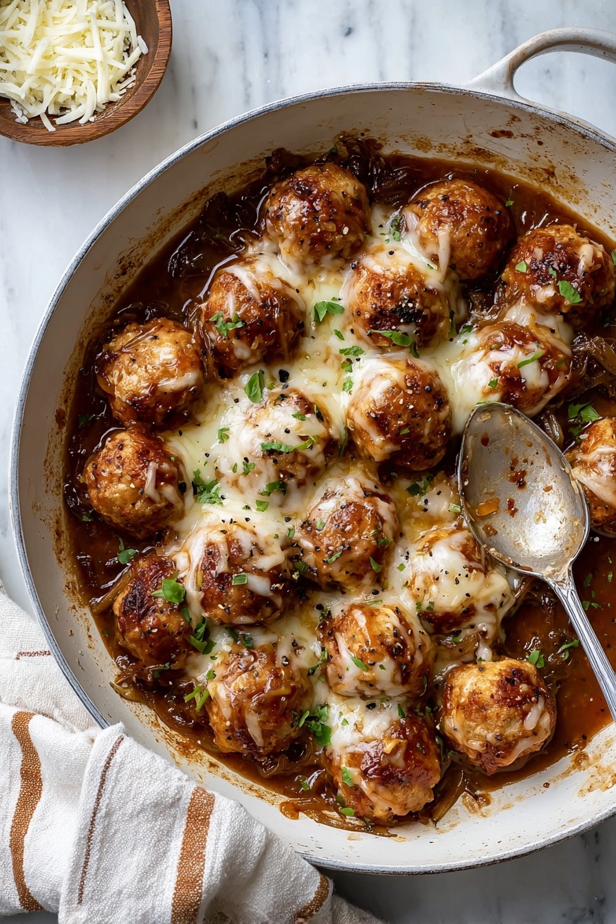 A white pan filled with about sixteen golden-brown meatballs covered in melted white cheese and browned caramelized onions, all sitting in a thick brown sauce. The meatballs are round and slightly uneven in texture with some black pepper sprinkled on top and a few small green herb leaves scattered across the dish. A silver spoon rests on the right side of the pan, partially submerged in the sauce. The pan is placed on a white marbled surface, with a small wooden bowl containing shredded white cheese in the lower left corner and a light cream-colored cloth with brown stripes on the right side. Photo taken with an iphone --ar 2:3 --v 7