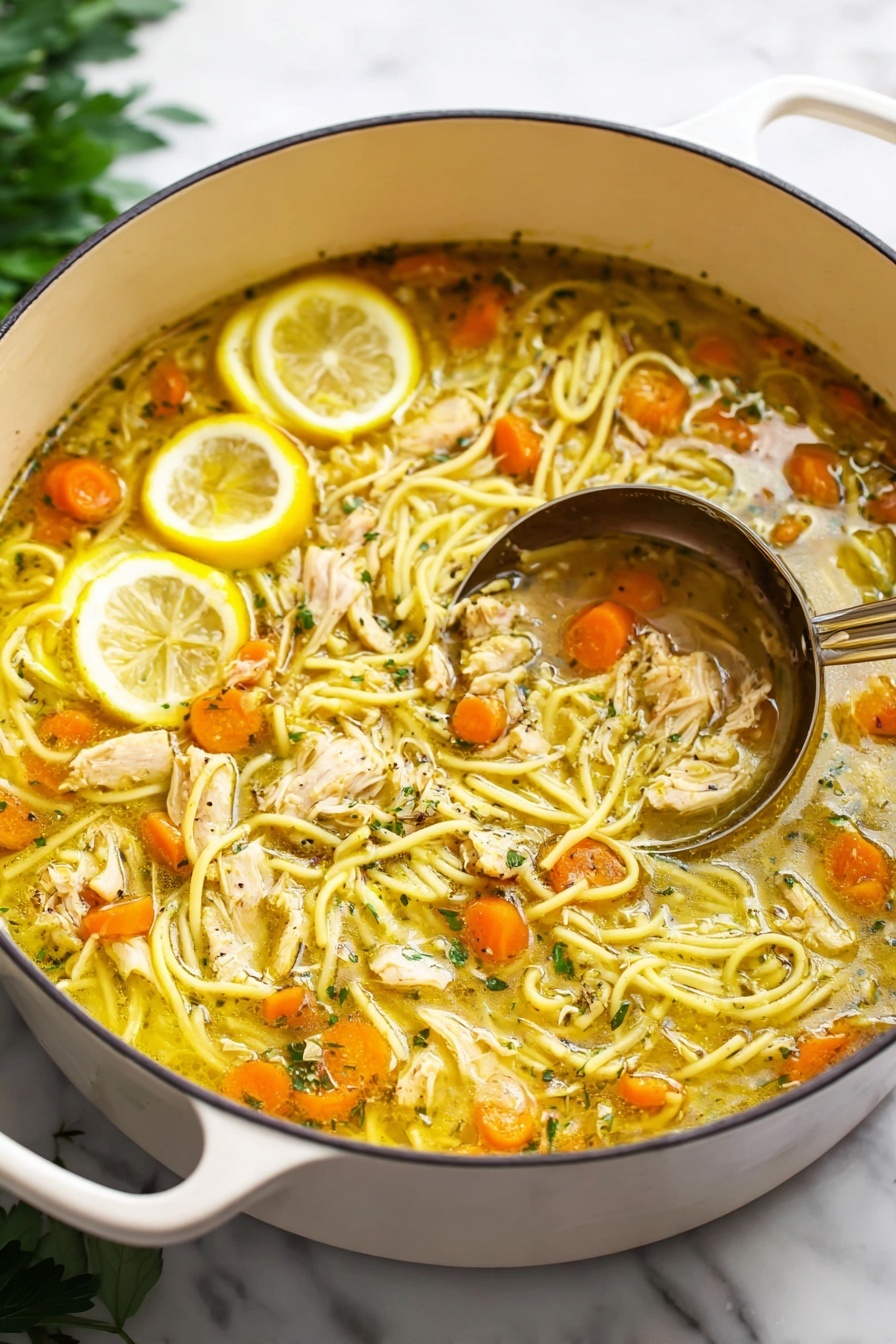 A large white pot filled with hot chicken noodle soup, showing layers of thin yellow noodles mixed with small chunks of cooked chicken and bright orange carrot slices in a clear golden broth with green herbs sprinkled throughout. Two lemon slices rest on one side inside the soup, and a shiny metal ladle dips into the pot from the right side. The pot sits on a white marbled surface with some green leaves blurred in the background. photo taken with an iphone --ar 2:3 --v 7