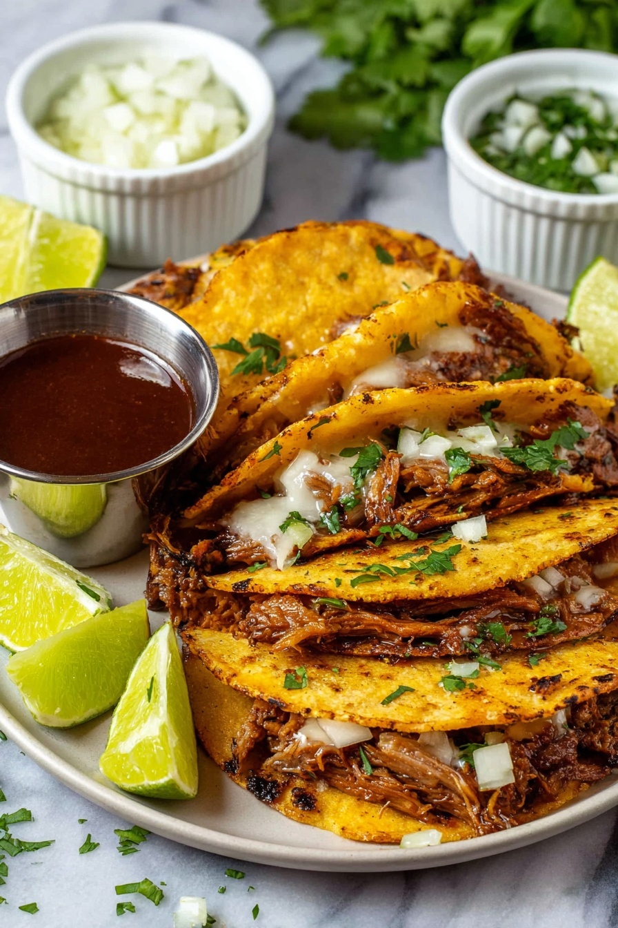 A white plate holds a stack of three golden brown tacos, each taco shell crisp and slightly charred with a rough texture. The tacos are filled with shredded, dark brown meat mixed with melted white cheese, and small pieces of chopped green herbs are sprinkled on top. To the side of the plate are three bright green lime wedges with shiny, juicy surfaces. Behind the plate, there is a small shiny metal cup filled with dark red sauce, and two white ceramic ramekins, one filled with white chopped onions and the other with lime wedges. The whole setup is on a white marbled surface with some scattered green herb leaves around. Photo taken with an iphone --ar 2:3 --v 7