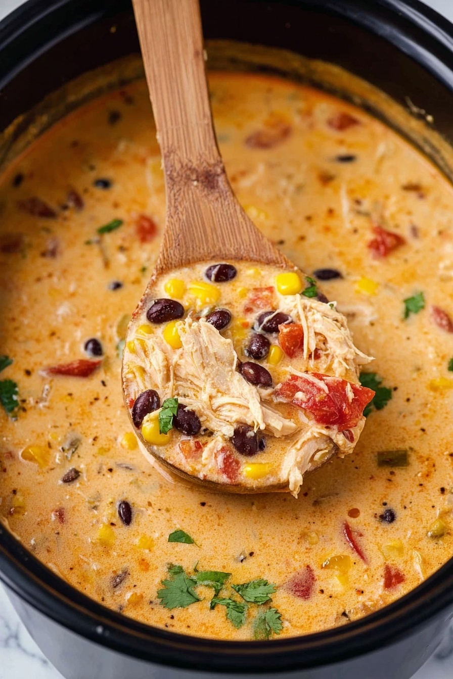 A thick creamy soup with visible layers of shredded white chicken, yellow corn kernels, black beans, small red tomato pieces, and green cilantro leaves mixed throughout the light orange soup base. The soup is inside a black pot with a wooden spoon lifting a scoop that shows all the ingredients closely. The texture looks smooth with chunks of vegetables and meat evenly spread. The background is a white marbled texture photo taken with an iphone --ar 2:3 --v 7