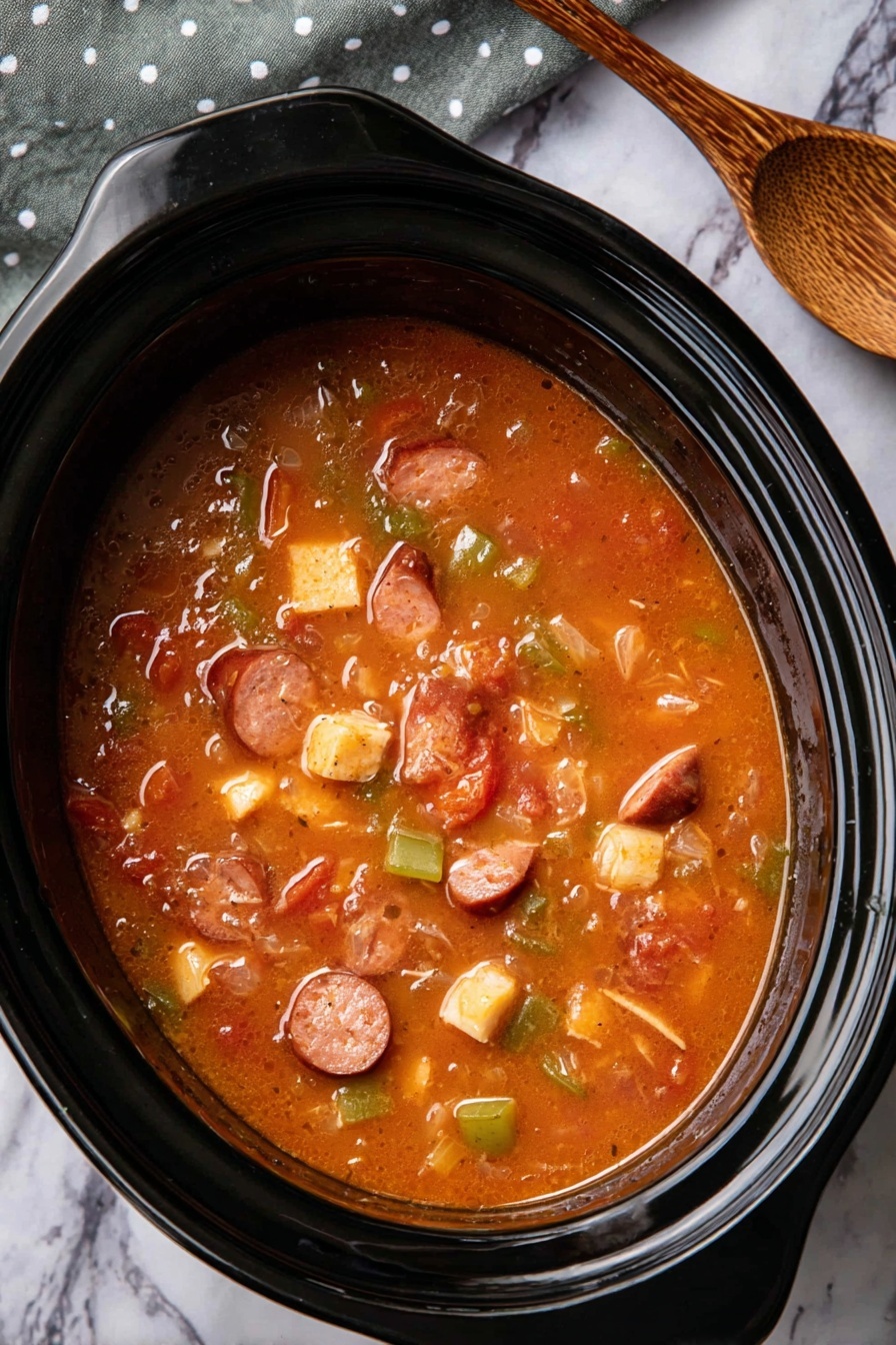 The image shows a black slow cooker filled with a thick soup that has a reddish-orange base. The soup contains chunks of sausage sliced into pieces, some pale yellow cheese cubes, bits of green vegetables like celery or peppers, and small pieces of red tomatoes. The soup looks smooth but chunky with a glossy surface, sitting on a white marbled background with a folded grey and white polka-dot cloth nearby and a wooden spoon at the side. Photo taken with an iphone --ar 2:3 --v 7