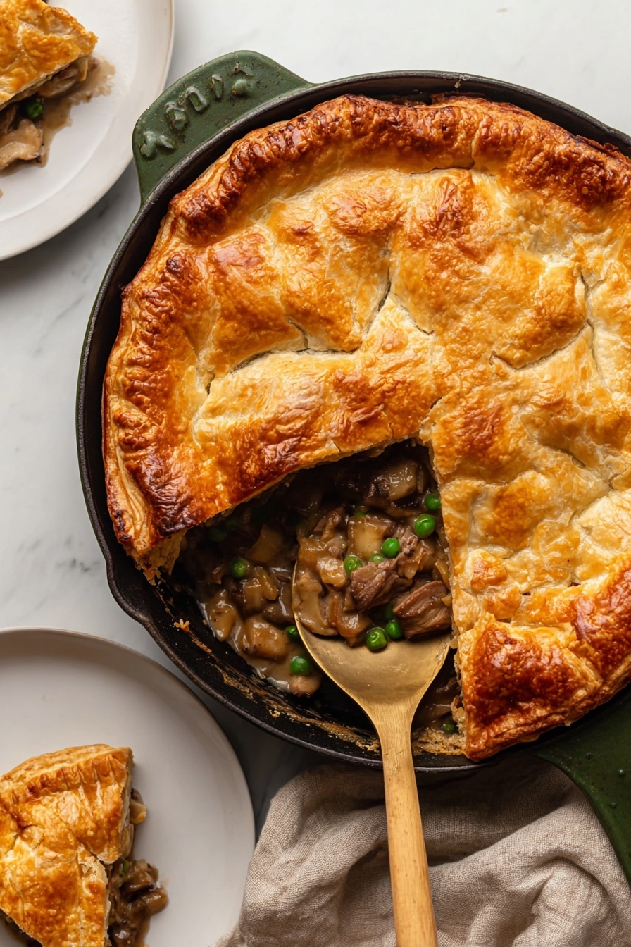 A round green cast iron skillet holds a golden brown baked pie with a thick flaky crust on top, showing slight cracks and steam vents. A section of the crust is removed, revealing a filling of chunky grayish-brown and beige meat pieces mixed with soft green peas and light tan sauce inside. A gold spoon scoops the filling, resting inside the skillet close to the edge. To the right, a white plate with a slice of pie sits partly in the frame on a white marbled surface. A beige cloth is placed below the skillet’s handle. Photo taken with an iphone --ar 2:3 --v 7