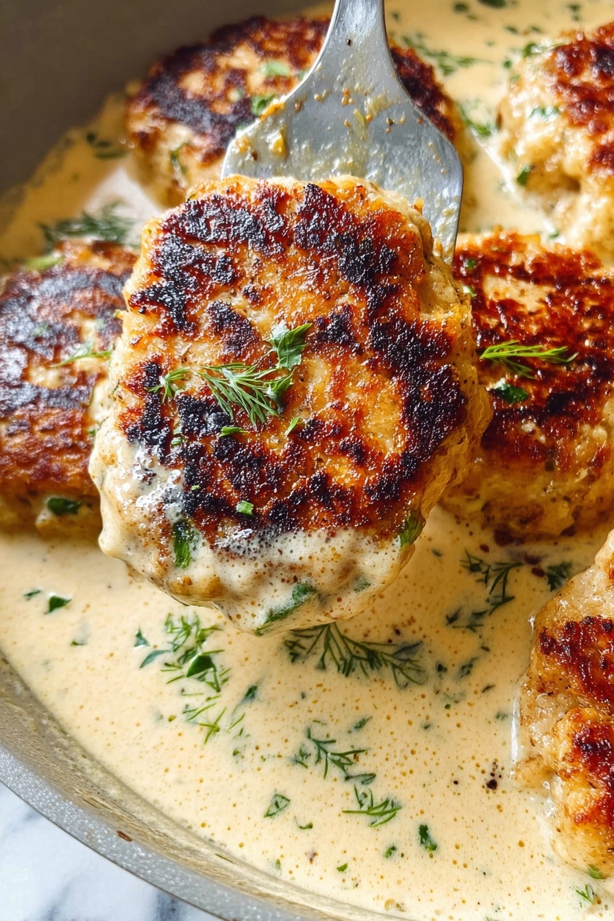The dish shows a close-up of several thick, golden-brown patties with dark caramelized spots, floating in a creamy pale sauce with specks of green herbs scattered on top. One patty is held above the others by a metal spatula, showing a crispy, slightly charred surface flecked with fresh green herbs. The creamy sauce is smooth and coats the patties evenly, pooling beneath them in a shallow skillet. The background is a white marbled texture. photo taken with an iphone --ar 2:3 --v 7
