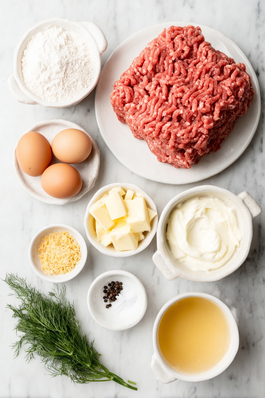 Flat lay of fresh ground beef formed into a compact mound, a small pile of golden breadcrumbs, one large white onion finely diced with some whole, uncracked brown eggs nearby, a small white bowl of thick heavy cream, a small white bowl of unsalted butter, minced garlic clove, a small white bowl of all-purpose flour, a small white bowl with light golden low-sodium chicken stock, fresh sprigs of bright green dill, coarse kosher salt crystals alongside freshly cracked black peppercorns scattered subtly—all arranged symmetrically on a clean white ceramic plate and bowls, placed on a clean white marble surface, soft natural light, photo taken with an iPhone, professional food photography style, fresh ingredients, white ceramic bowls, no bottles, no duplicates, no utensils, no packaging --ar 2:3 --v 7 --p m7354615311229779997