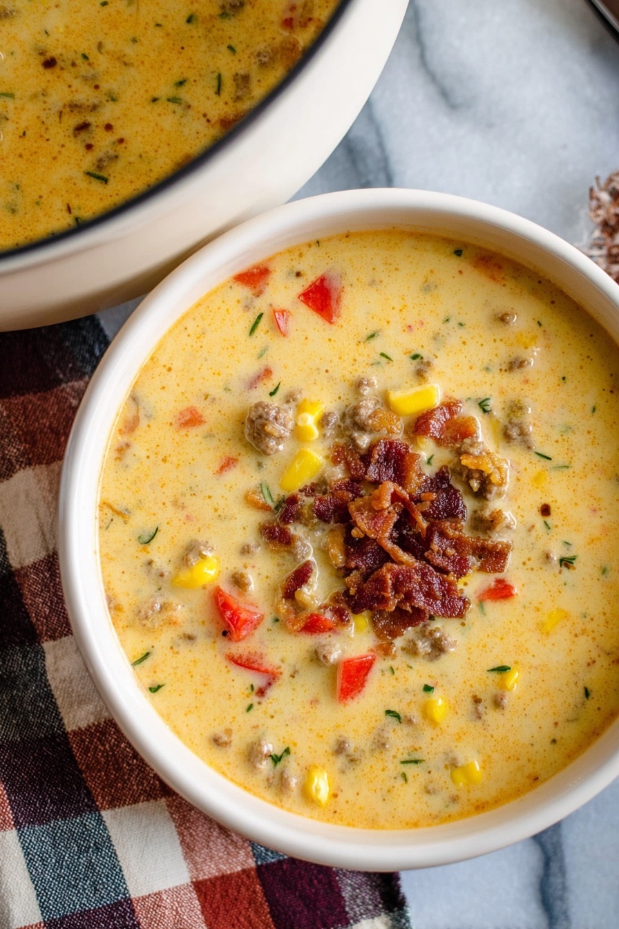 The image shows a white pot on a white marbled surface with diced orange carrots, green celery, and white onions as the base layer, covering the bottom. On top of the vegetables, there are two portions of raw ground meat placed side by side, one darker red and the other pinkish. A teal spatula with a beige handle rests inside the pot, with the handle leaning on the edge. A striped cloth is partially visible next to the pot on the left side. Photo taken with an iphone --ar 2:3 --v 7