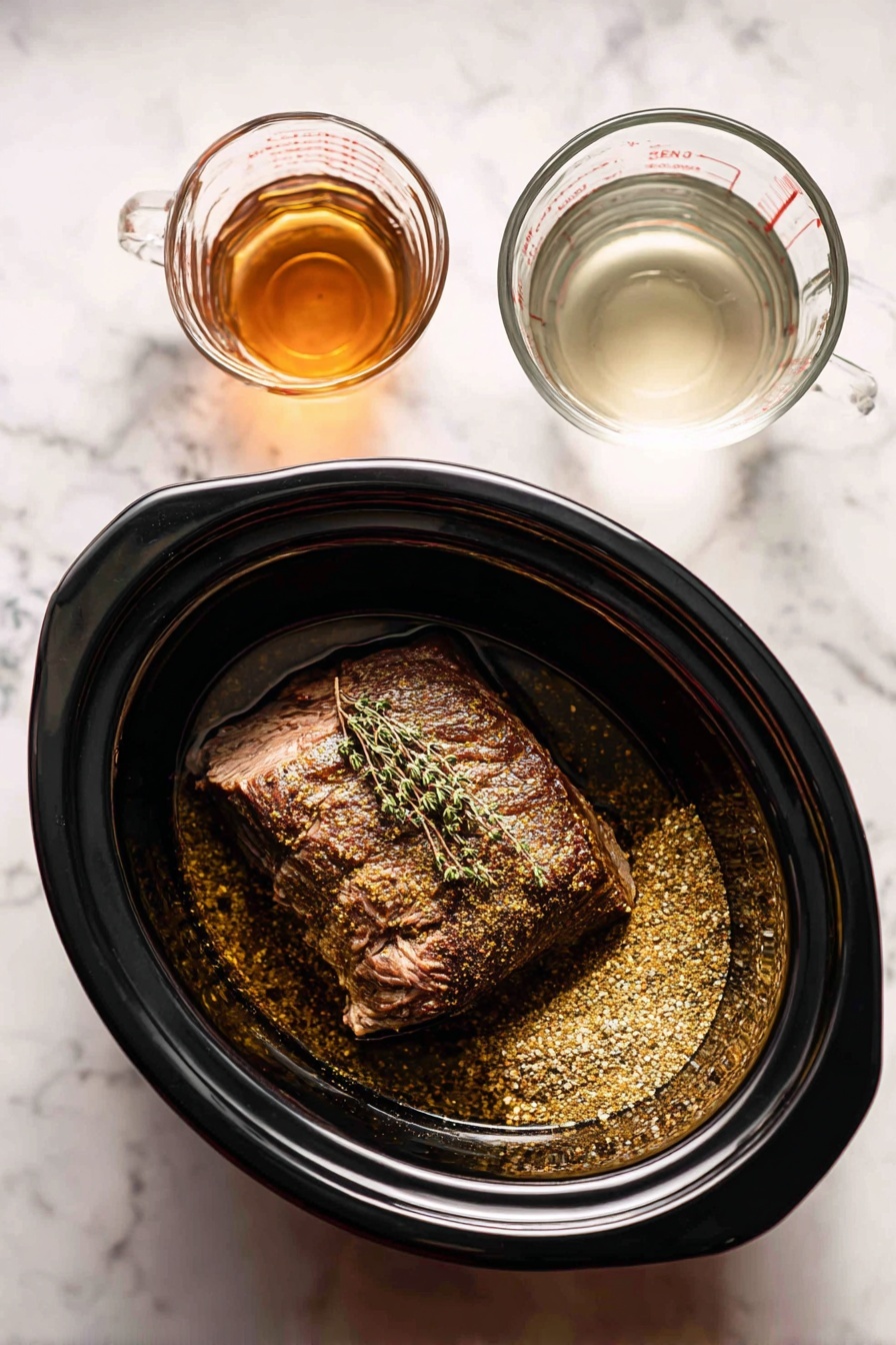 A close-up image of a sandwich being held by a woman's hand. The sandwich has three main layers: the top layer is a golden-brown toasted square ciabatta bun with a lightly cracked crust, below it is a melted pale beige cheese layer with a smooth texture, and below that is a thick layer of dark brown shredded beef. The sandwich is dipped into a clear glass bowl filled with a brown, slightly oily liquid. The bowl is placed on a metal tray with a white marbled surface underneath, and two more similar sandwiches are blurred in the background. Photo taken with an iphone --ar 2:3 --v 7