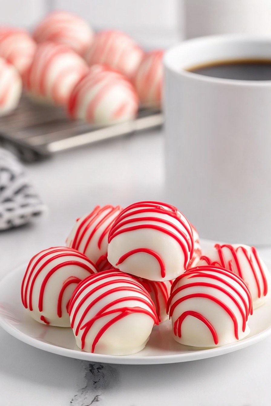 A white plate holds a pile of seven smooth, round white balls that each have bright red lines drizzled over the top in a random pattern. The balls look soft and slightly shiny, creating a clean contrast with the white plate underneath. In the background, there is a white marbled surface with a white mug filled with black coffee and a metal tray with more balls that look similar but are blurred. The whole scene has a bright, fresh look, all set against a white marbled texture. photo taken with an iphone --ar 2:3 --v 7