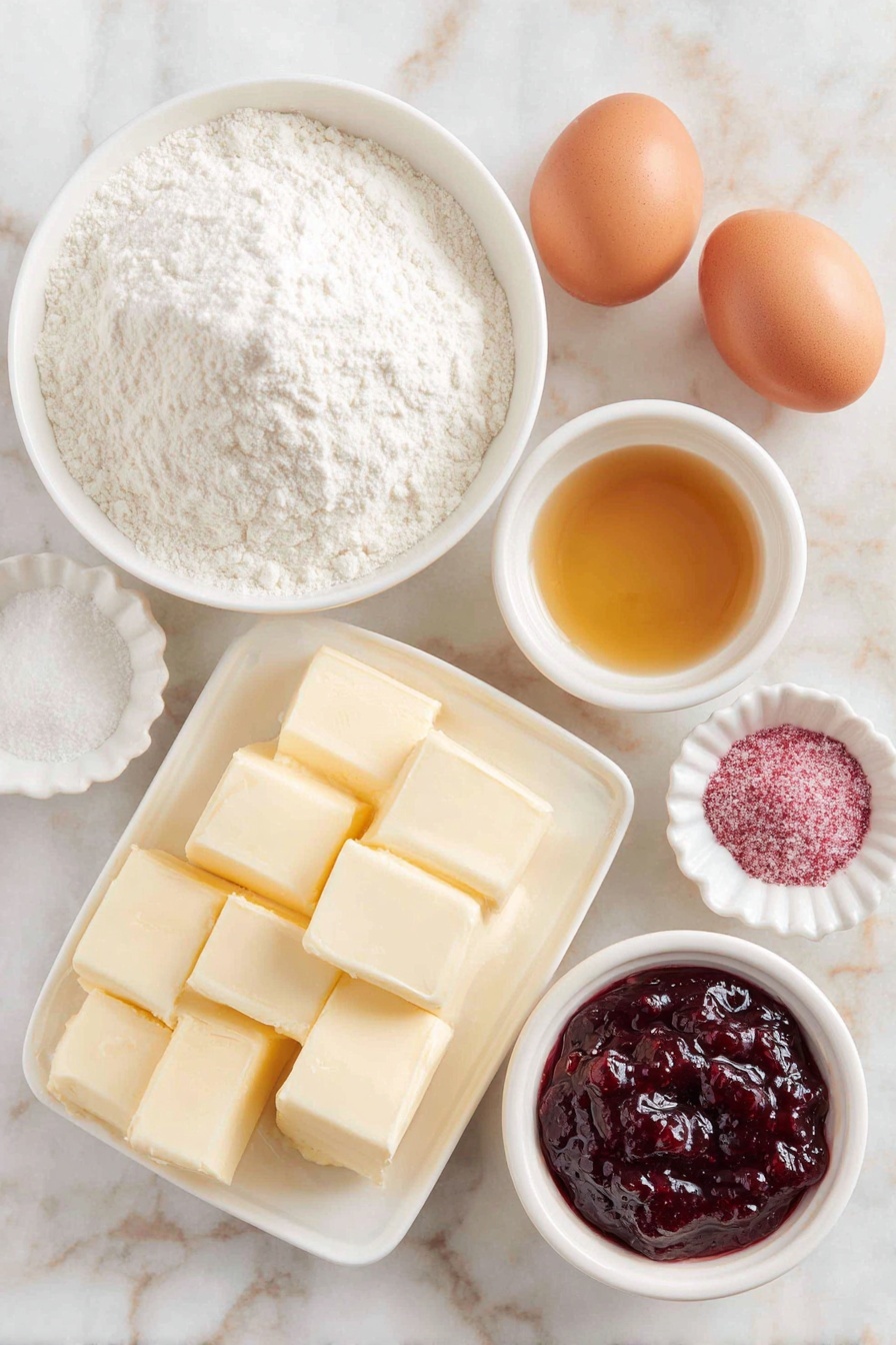 Flat lay of a small pile of pale yellow unsalted butter blocks, a white ceramic bowl filled with fine granulated white sugar, two whole brown eggs with smooth clean shells, a small white bowl of golden vanilla extract, a mound of white all-purpose flour, a tiny heap of fine pink freeze-dried raspberry powder, a small white bowl overflowing with bright red raspberry jam, and a pinch of coarse kosher salt crystals arranged neatly in a white ceramic dish, all placed on a clean white marble surface, soft natural light, photo taken with an iPhone, professional food photography style, fresh ingredients, white ceramic bowls, no bottles, no duplicates, no utensils, no packaging --ar 2:3 --v 7 --p m7354615311229779997