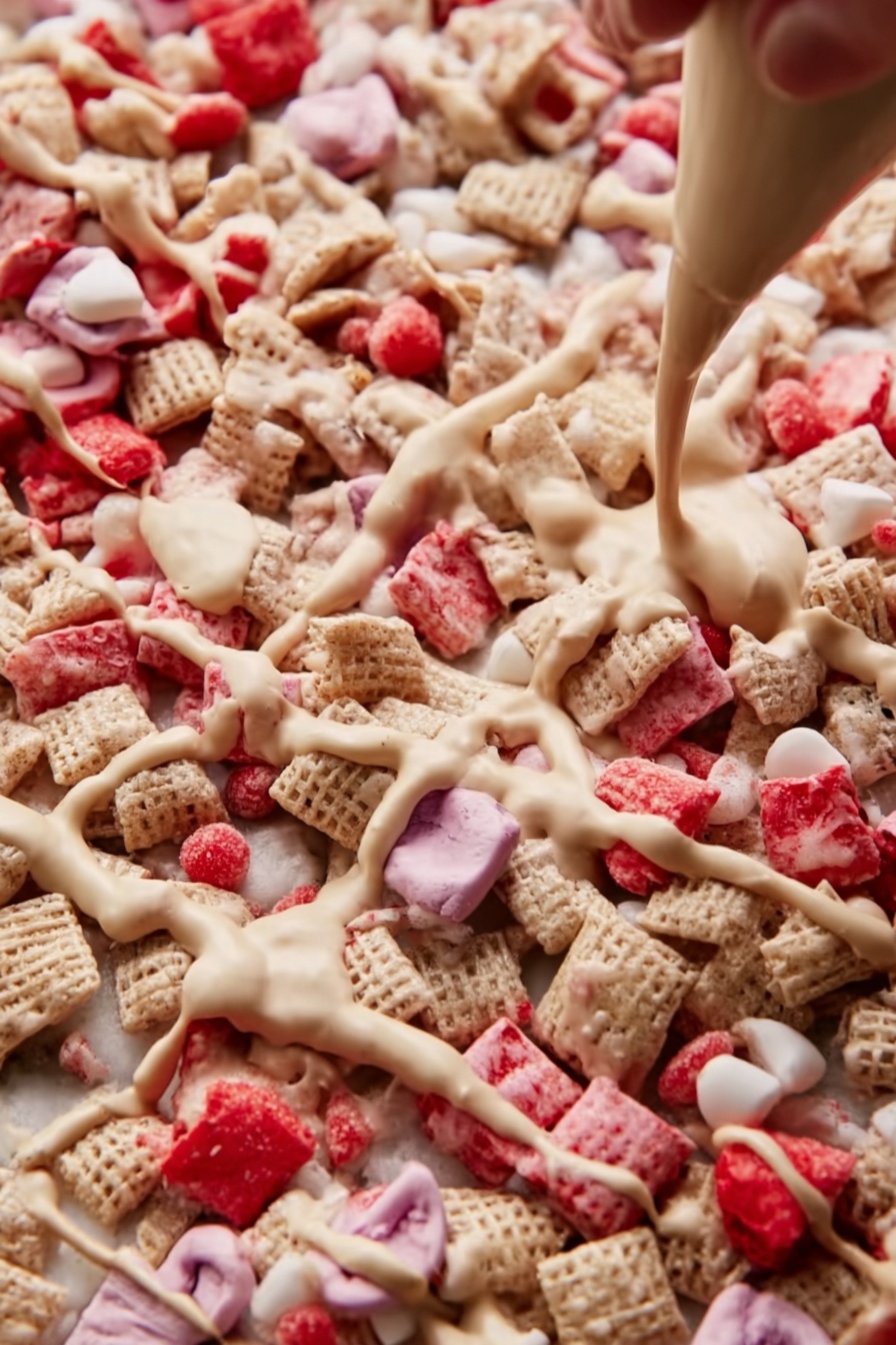A close-up view of a textured snack mix spread out on a white marbled surface, featuring a mix of small pale cereal squares and large candy pieces in shades of bright pink and red. Over the snack, a creamy light beige sauce is drizzled unevenly, creating thin, stringy lines across the mix. A woman's hand holding a piping bag with the same beige sauce is visible in the top right corner, adding more drizzle. The overall look is busy and colorful, with a mix of crunchy and smooth textures. Photo taken with an iphone --ar 2:3 --v 7