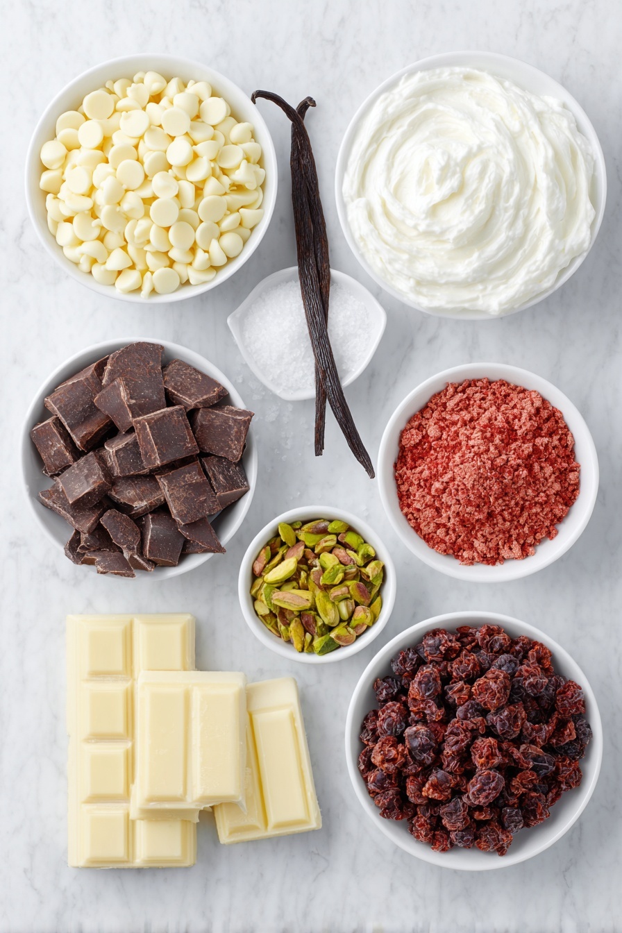 Flat lay of a small pile of smooth white chocolate chips, a small white ceramic bowl filled with fresh double cream, a small white ceramic bowl holding fine vibrant pink freeze dried raspberry powder, a single whole brown vanilla bean pod placed next to a tiny white ceramic bowl with a pinch of sea salt crystals, a small pile of glossy dark chocolate chunks, a small white ceramic bowl with shiny dark brown cacao nibs, a small white ceramic bowl of bright green chopped pistachios, and a small heap of deep red whole freeze dried raspberries, all arranged symmetrically on a clean white marble surface, soft natural light, photo taken with an iPhone, professional food photography style, fresh ingredients, white ceramic bowls, no bottles, no duplicates, no utensils, no packaging --ar 2:3 --v 7 --p m7354615311229779997