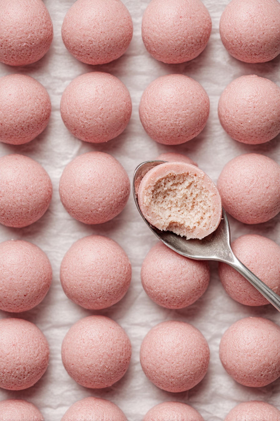 The image shows several round pink balls with a smooth outer layer, each topped with small red, white, and pink heart-shaped sprinkles. One ball in the front has a bite taken out of it, revealing a soft, dense, light pink inside texture. The balls are placed closely together on a white marbled surface. The bitten ball rests inside a white paper cup liner. The overall look is bright and colorful with a sweet treat vibe. photo taken with an iphone --ar 2:3 --v 7