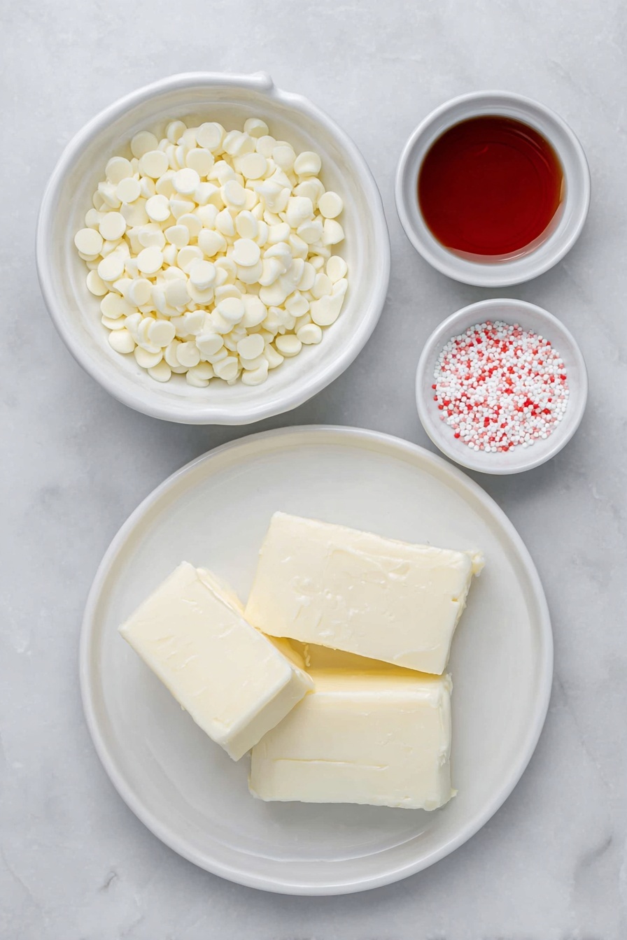 Flat lay of two small piles of glossy white chocolate chips, a small white ceramic bowl filled with thick, creamy sweetened condensed milk, a few small cubes of pale unsalted butter on a white ceramic plate, a tiny white ceramic bowl holding vibrant red liquid food coloring, and a neat scatter of colorful heart-shaped sprinkles arranged in a small white ceramic dish, all placed on a clean white marble surface, soft natural light, photo taken with an iPhone, professional food photography style, fresh ingredients, white ceramic bowls, no bottles, no duplicates, no utensils, no packaging --ar 2:3 --v 7 --p m7354615311229779997