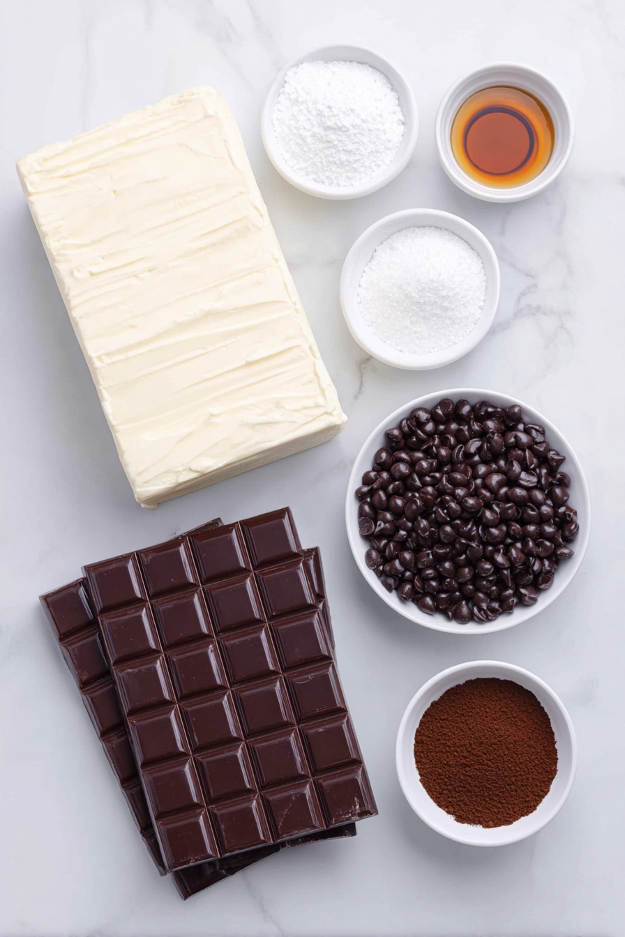 Flat lay of a block of smooth cream cheese, a small white bowl filled with fine confectioners’ sugar, a small white bowl containing dark brown instant espresso powder, a small white bowl of coarse kosher salt, a small white bowl with rich heavy cream, a medium white bowl heaped with glossy dark chocolate chips, a small white bowl holding a dark amber coffee liqueur, a small white bowl with clear vodka, a neat stack of whole rectangular chocolate graham cracker sheets, a small white bowl filled with deep brown unsweetened cocoa powder, and a small pile of shiny chocolate-covered espresso beans, all arranged with perfect symmetry and balanced proportions, placed on a clean white marble surface, soft natural light, photo taken with an iPhone, professional food photography style, fresh ingredients, white ceramic bowls, no bottles, no duplicates, no utensils, no packaging --ar 2:3 --v 7 --p m7354615311229779997