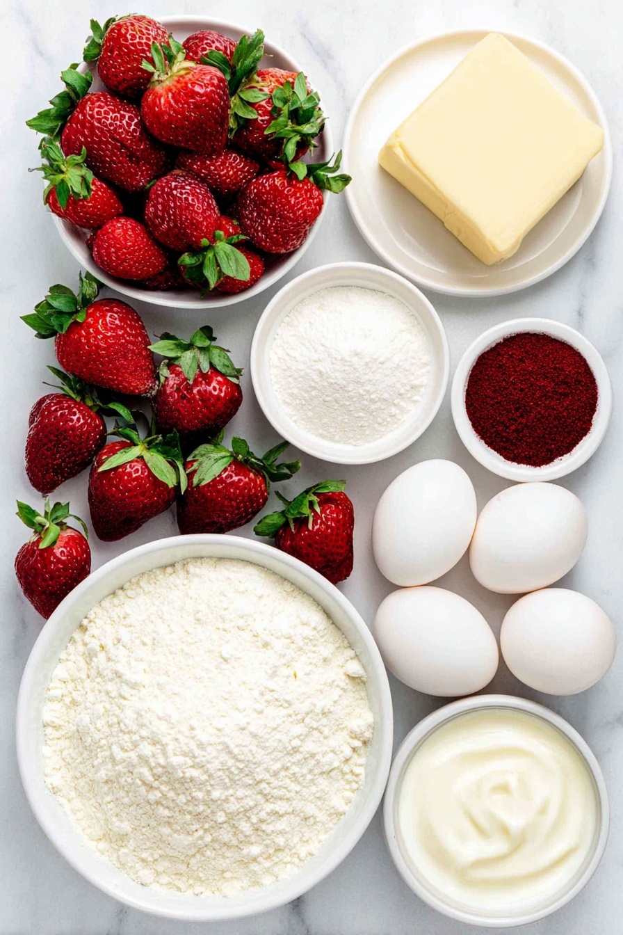 Flat lay of fresh whole strawberries with green leaves, a small mound of fine white cake flour on a simple white ceramic plate, a few teaspoons of baking powder and baking soda side by side in small white ceramic bowls, a pat of pale yellow unsalted butter on a white ceramic dish, a heap of granulated white sugar on a white ceramic plate, five large whole uncracked white eggs, a small white ceramic bowl of thick creamy plain Greek yogurt, a small white ceramic bowl of whole milk, a small white ceramic bowl of pure vanilla extract, a block of smooth cream cheese on a white ceramic plate, a small white ceramic bowl with soft unsalted butter, a small pile of fine white confectioners’ sugar on a white ceramic dish, a small white ceramic bowl of freeze-dried strawberry powder, all arranged symmetrically and realistically proportioned, placed on a clean white marble surface, soft natural light, photo taken with an iPhone, professional food photography style, fresh ingredients, white ceramic bowls, no bottles, no duplicates, no utensils, no packaging --ar 2:3 --v 7 --p m7354615311229779997