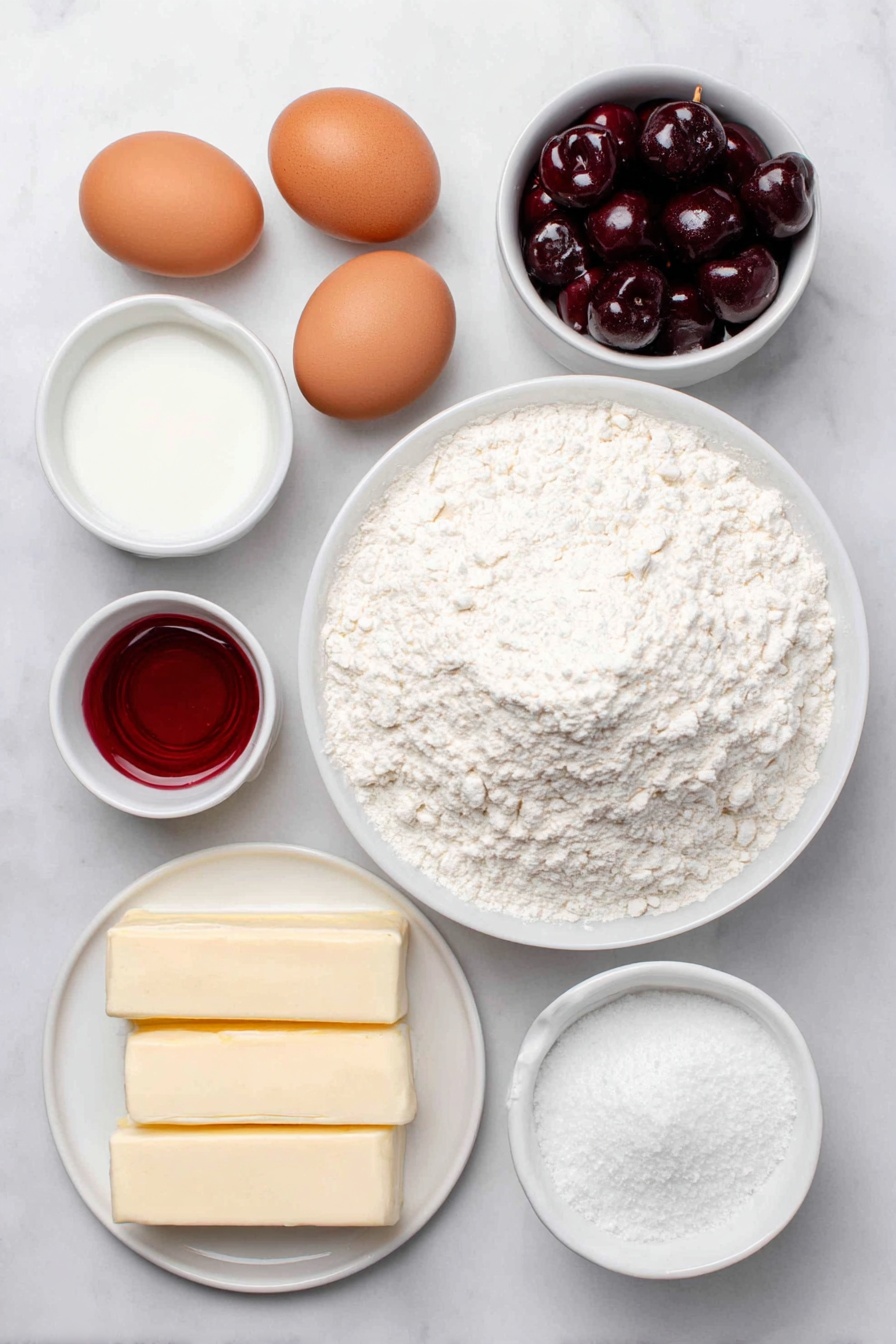 Flat lay of a small mound of white cake mix powder, a handful of bright red maraschino cherries with stems, a few tablespoons of vibrant cherry juice in a small white ceramic bowl, a half cup of melted golden butter in a small white bowl, three whole brown eggs with clean shells, a half cup of fresh milk in a small white bowl, two sticks of pale unsalted butter softened at room temperature on a simple white ceramic plate, a small bowl filled with fine white powdered sugar, six tablespoons of milk in a small white bowl, two tablespoons of maraschino cherry juice in another small white bowl, all arranged symmetrically in perfect proportions on a clean white marble surface, soft natural light, photo taken with an iPhone, professional food photography style, fresh ingredients, white ceramic bowls, no bottles, no duplicates, no utensils, no packaging --ar 2:3 --v 7 --p m7354615311229779997