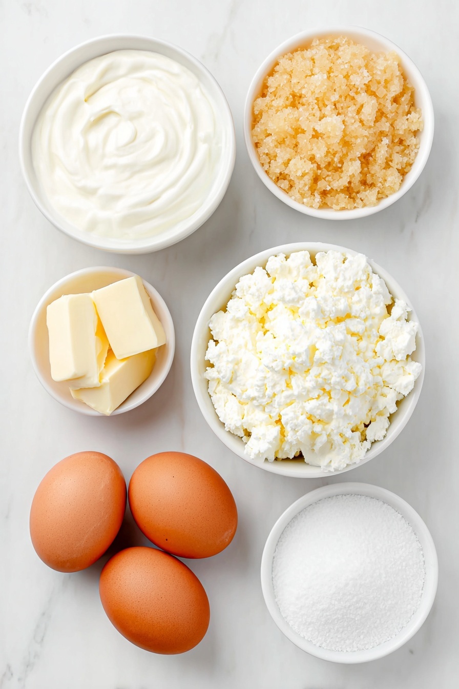 Flat lay of two whole brown eggs with clean shells, one small white ceramic bowl of heavy cream, one small white ceramic bowl of granulated sugar, one half vanilla bean pod split open showing the seeds, one small white ceramic bowl of golden caramelized sugar, and one small white ceramic bowl of coarse kosher salt, all arranged symmetrically and naturally on a clean white marble surface, soft natural light, photo taken with an iPhone, professional food photography style, fresh ingredients, white ceramic bowls, no bottles, no duplicates, no utensils, no packaging --ar 2:3 --v 7 --p m7354615311229779997