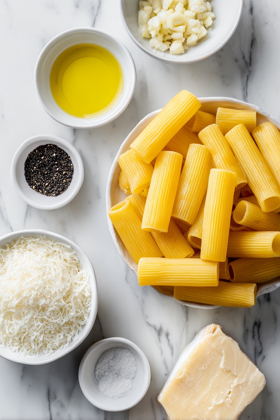 Flat lay of cooked rigatoni pasta noodles, a small white ceramic bowl with golden olive oil, a small white ceramic bowl of minced garlic, a small white ceramic bowl of kosher salt, a small white ceramic bowl of black pepper, a small white ceramic bowl filled with grated parmesan cheese, all arranged in perfect symmetry on a clean white marble surface, soft natural light, photo taken with an iPhone, professional food photography style, fresh ingredients, white ceramic bowls, no bottles, no duplicates, no utensils, no packaging --ar 2:3 --v 7 --p m7354615311229779997