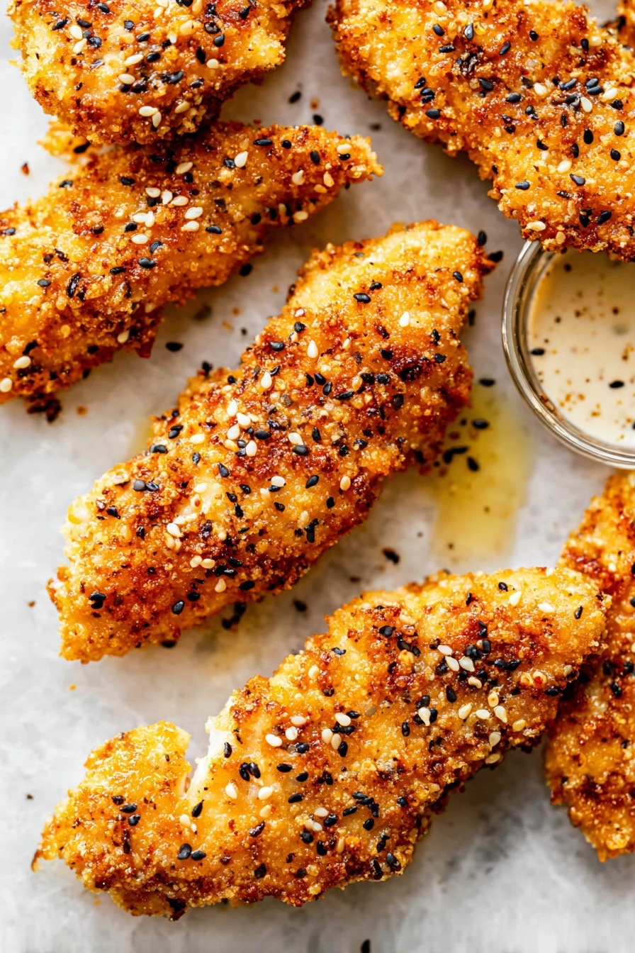 The image shows several golden brown crispy chicken tenders with a crunchy texture, sprinkled with black and white sesame seeds. The chicken tenders have a rough, crumbly crust and are placed on a white marbled surface with some oil glistening around them. A small clear glass bowl filled with creamy beige sauce is visible at the top right corner of the image. The arrangement is close-up and detailed, showing the crispiness and sesame seed toppings clearly. photo taken with an iphone --ar 2:3 --v 7