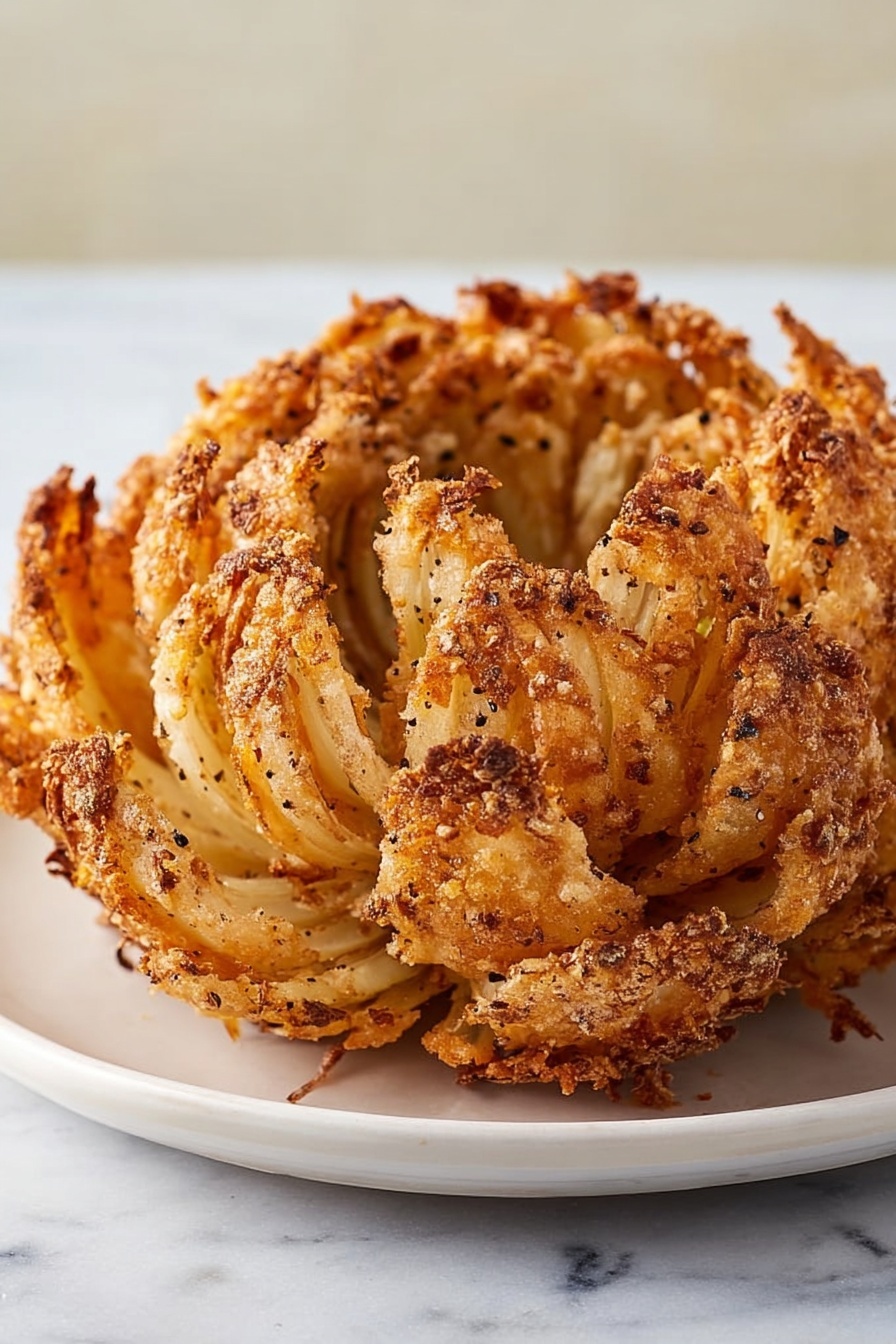 The image shows a crispy, golden-brown blooming onion with many petal-like layers spread out in a circular shape. Each layer has a crunchy textured coating, with visible seasoning giving it a slightly rough surface. The inside parts of the layers are lighter and softer, showing a contrast between the crispy edges and the tender middle sections. The blooming onion is placed on a simple white plate sitting on a white marbled surface with a soft background. Photo taken with an iphone --ar 2:3 --v 7